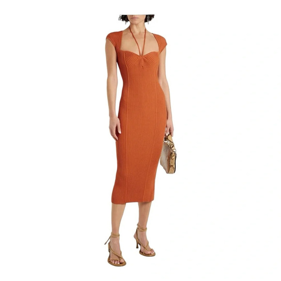 JONATHAN SIMKHAI Florence Tie-Neck Cognac Rib Knit Midi Dress - Picture 1 of 8